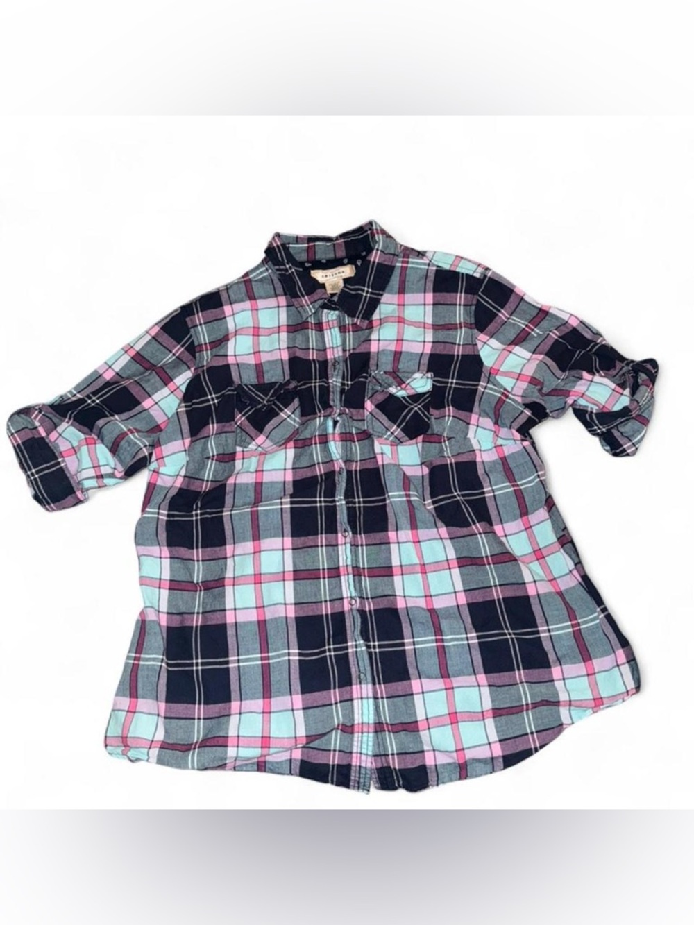 Arizona Jean Company Navy, Light Blue & Pink Plaid Button-Down Top